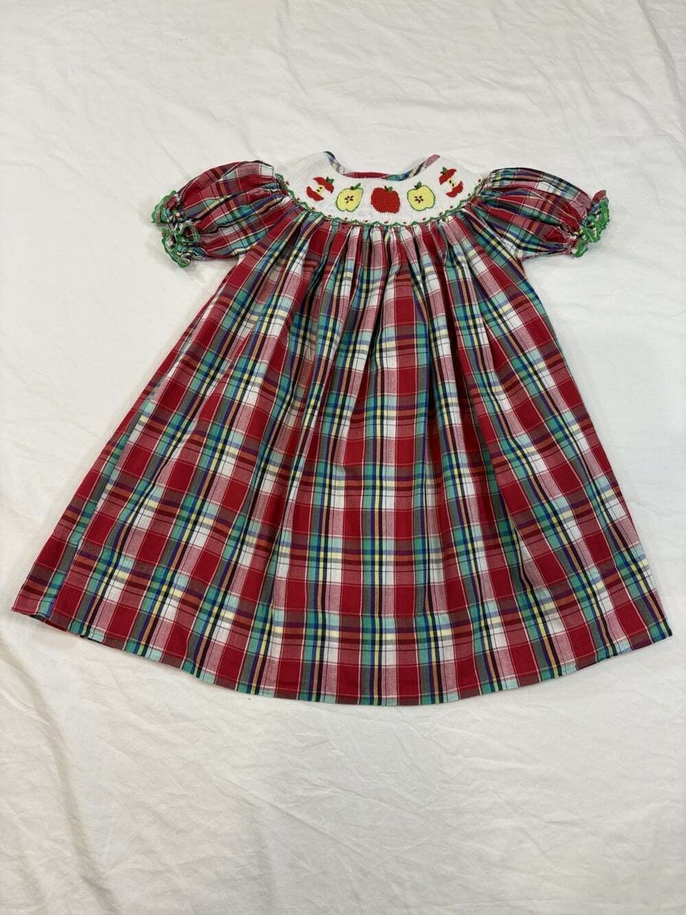 Molly Pop Girls 24M Red Plaid Smocked Apple Puff Sleeve Cotton Dress